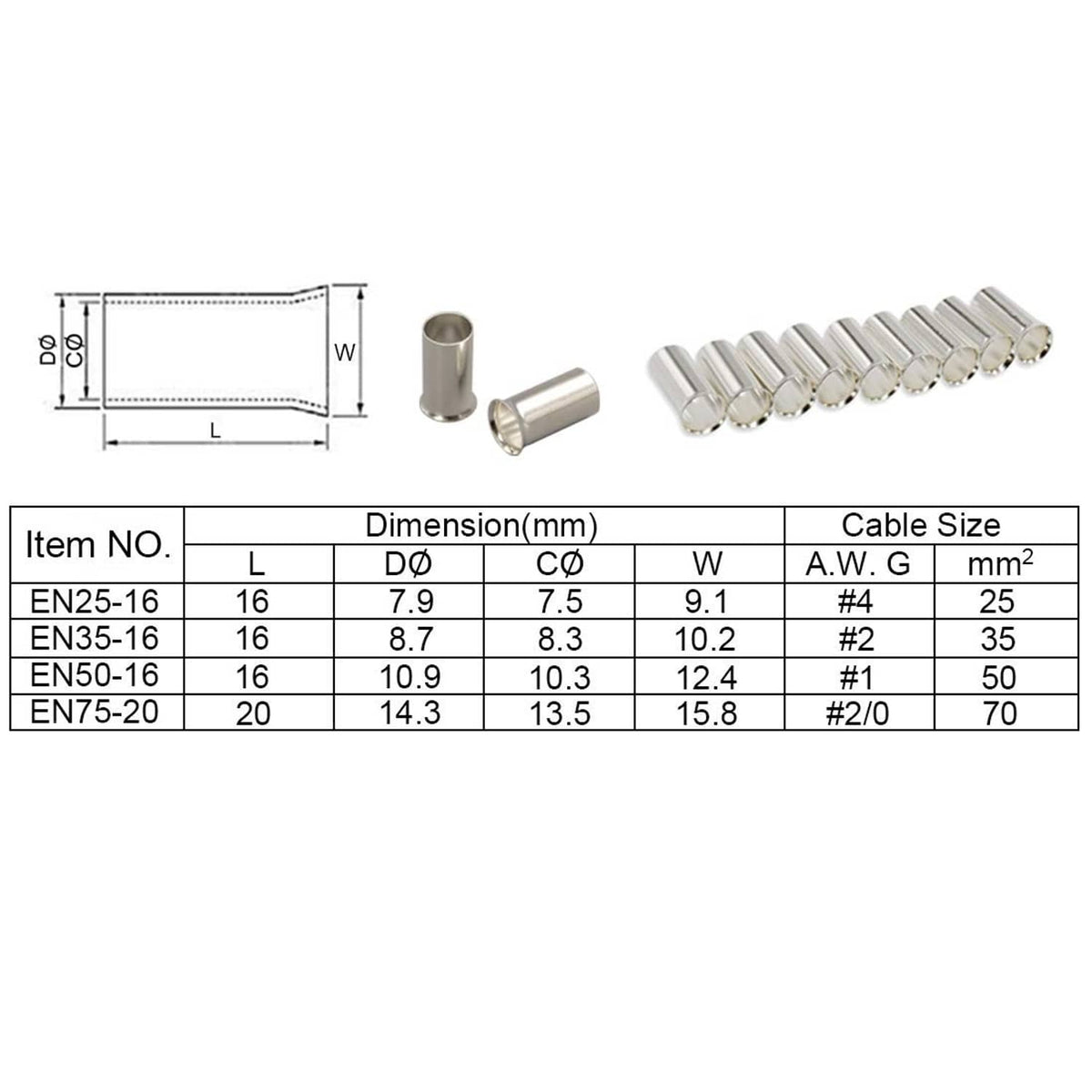 Non-insulated copper wire crimp ferrules, assorted lengths for AWG/mm² sizing