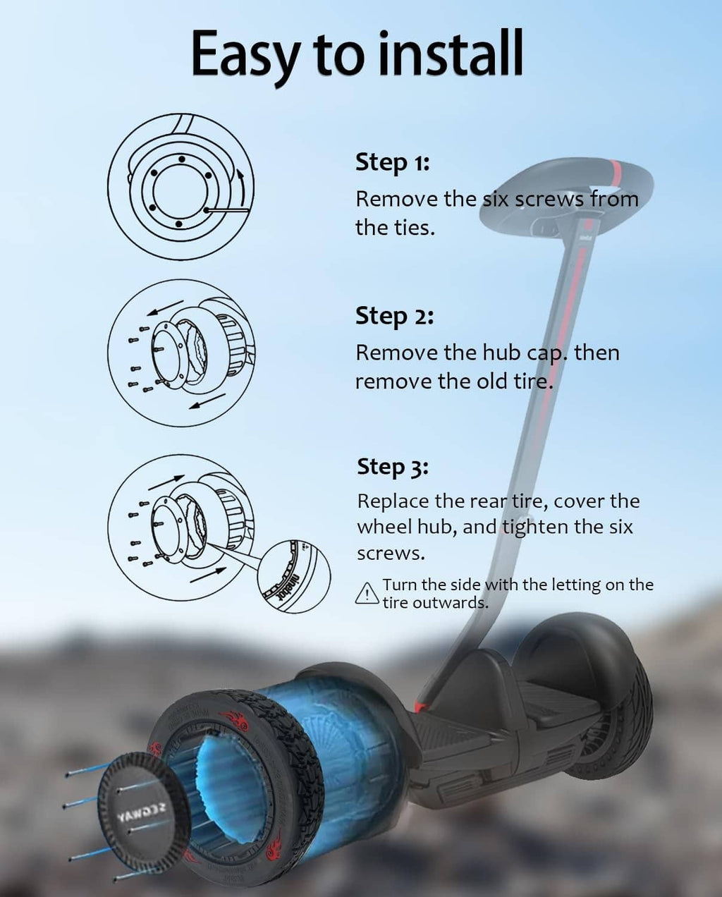 Black off-road go-kart tire being installed on a hub with visible screws and tool.