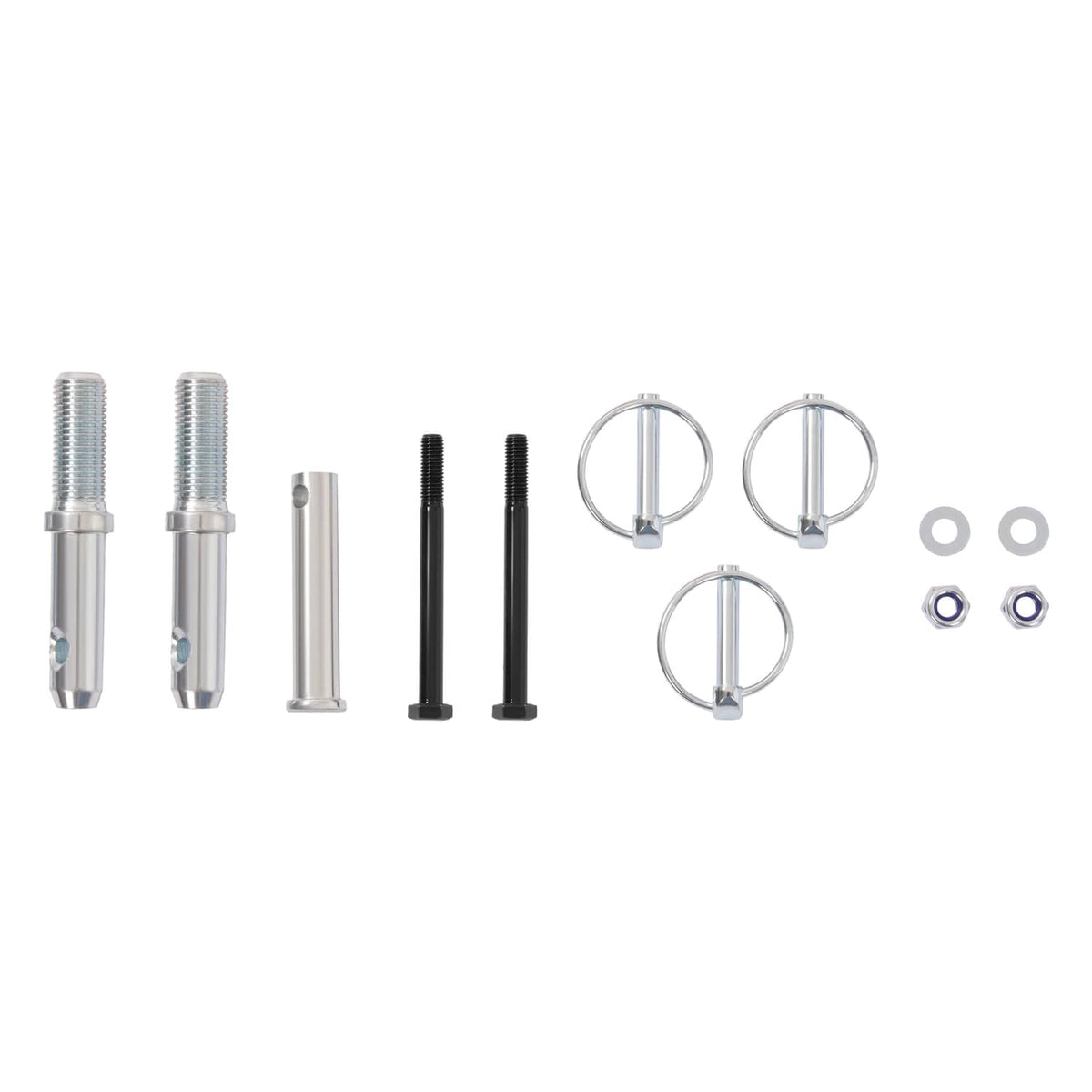 Replacement fasteners and pins for 3-point middle buster quick hitch in mixed metal finishes