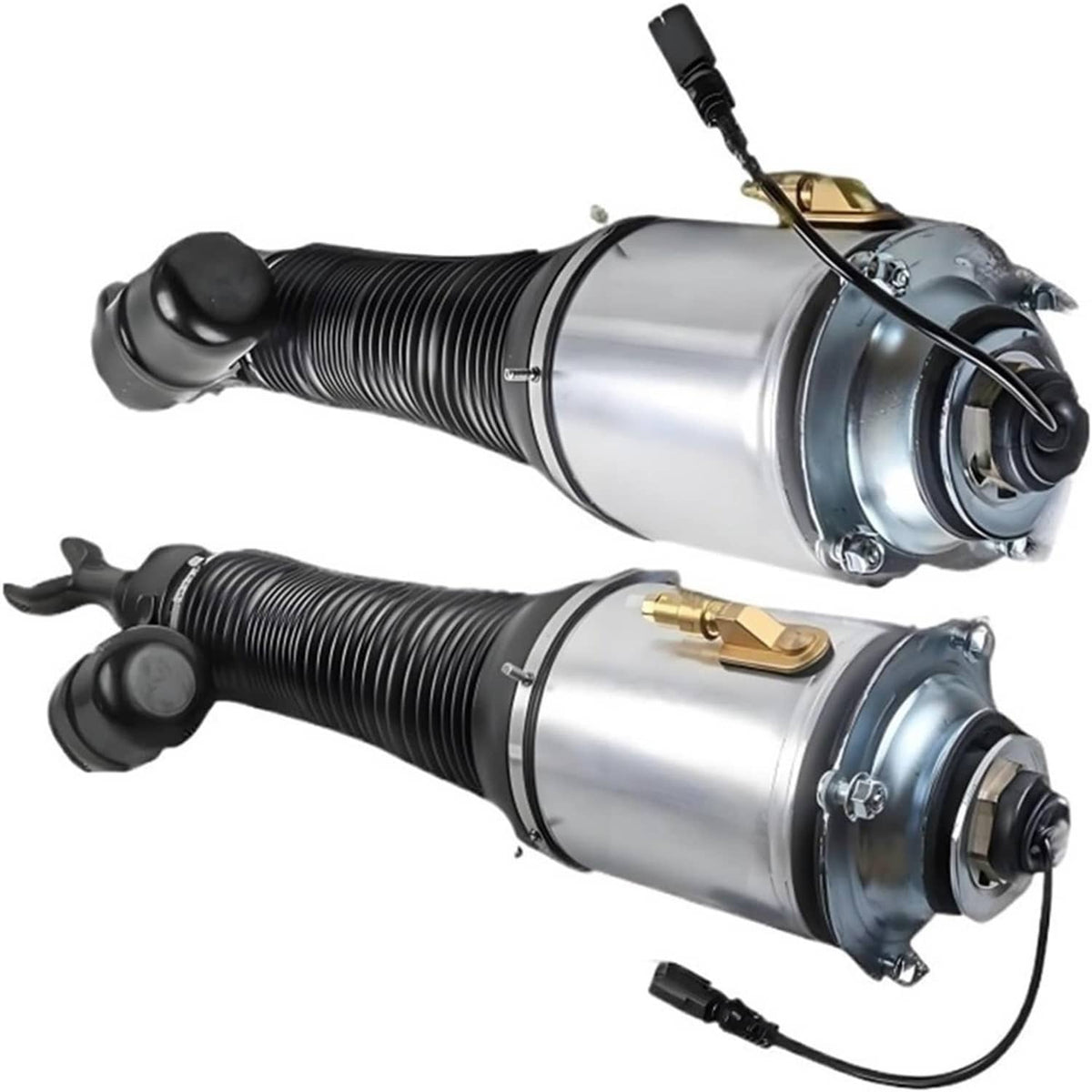Front air suspension strut shocks, silver cylinders with black rubber boots and valves