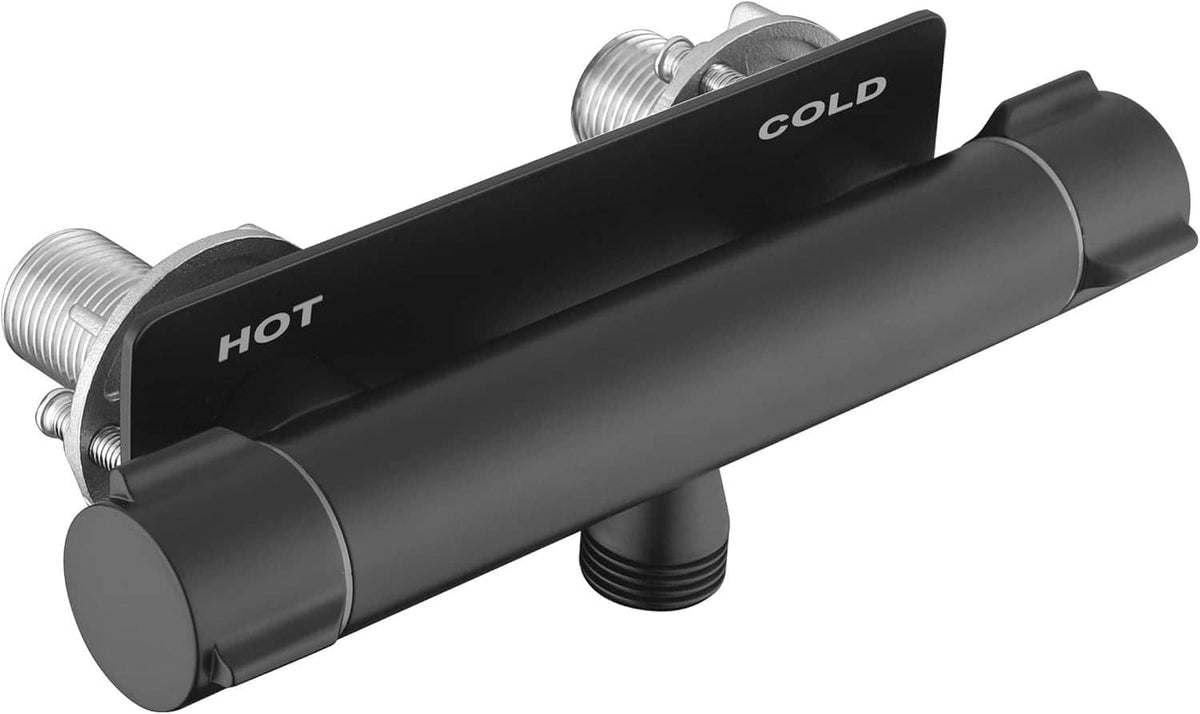 Matte black RV shower faucet valve with hot and cold labels, side view of metal body