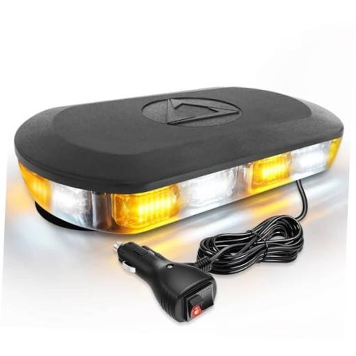 Rooftop emergency strobe light bar, black case, amber and white LEDs, power plug