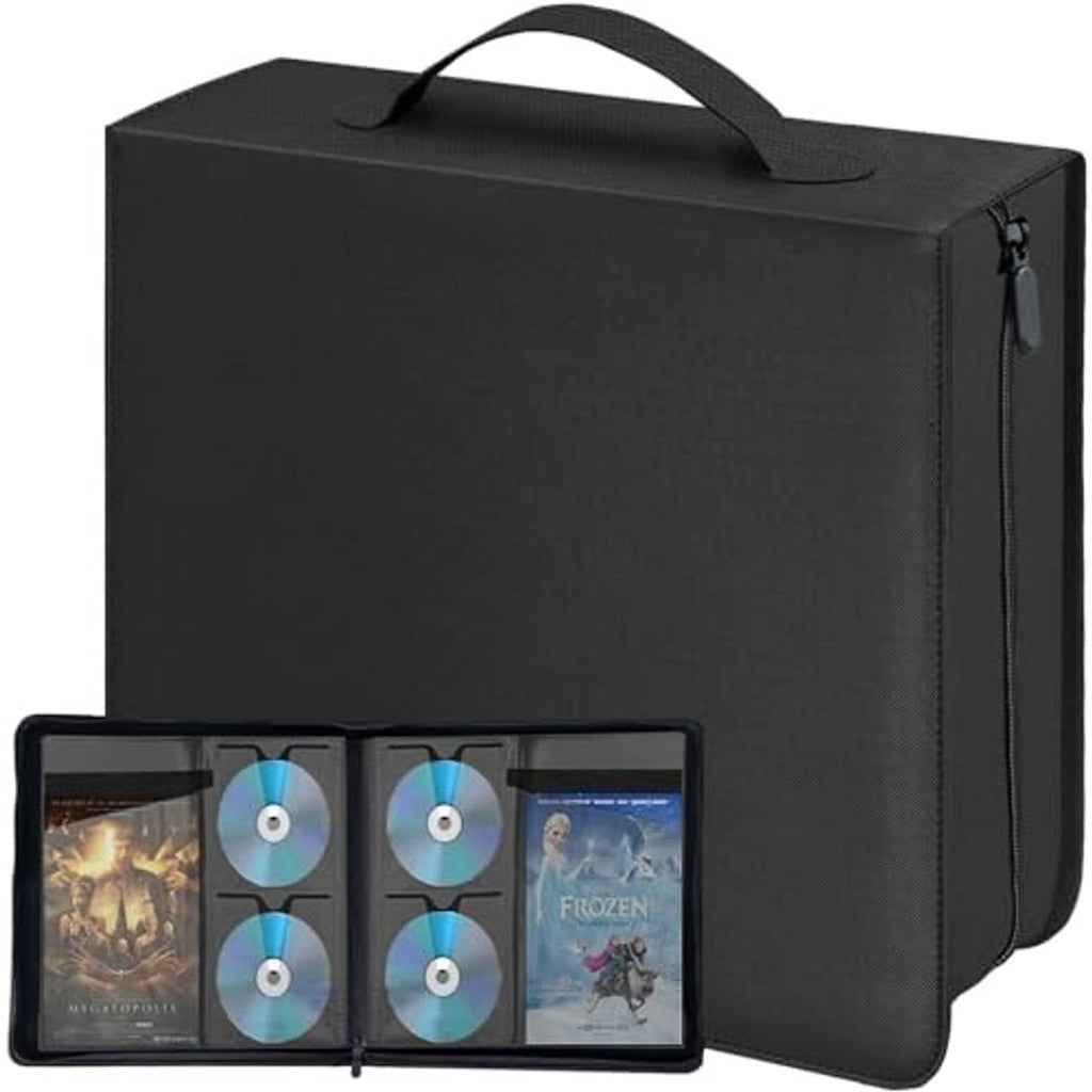 Black CD/DVD storage binder with handle, open front displaying disc compartments