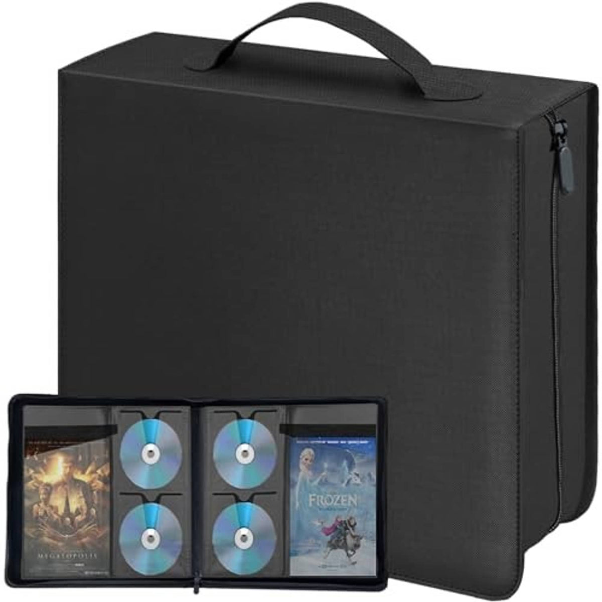 Black CD/DVD storage binder with handle, open front displaying disc compartments