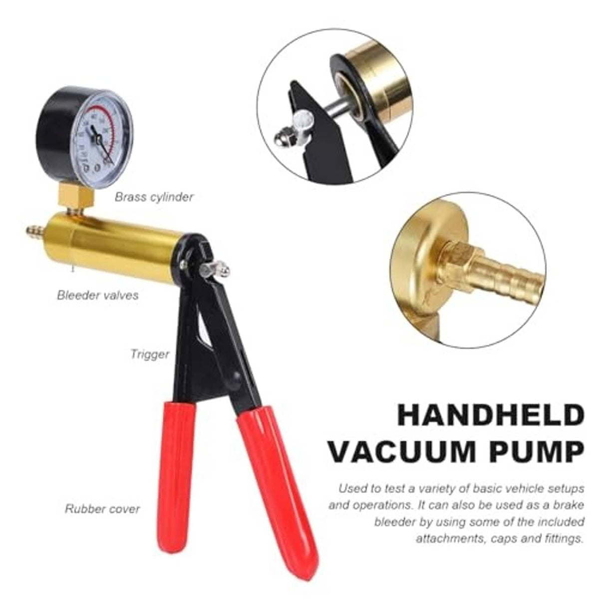 Handheld vacuum pump brake bleeder with brass cylinder, gauge, and red rubber grips
