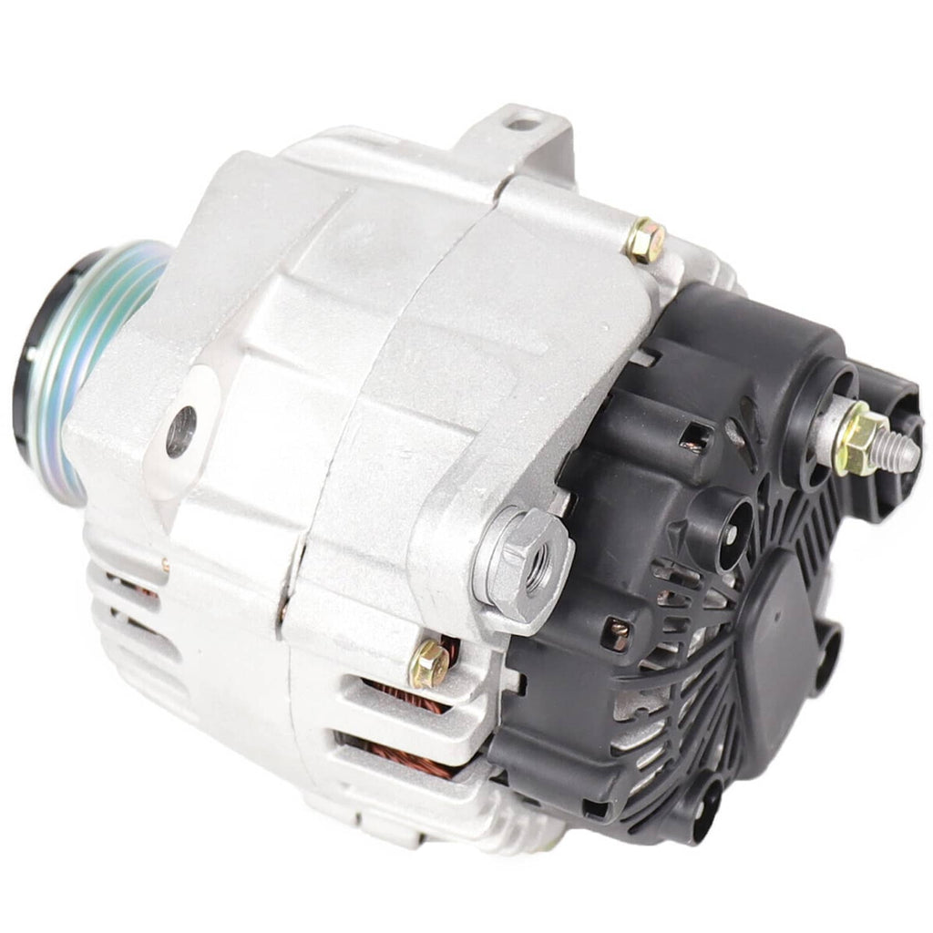 Automotive alternator with pulley, wiring plug, and mounting brackets, side view