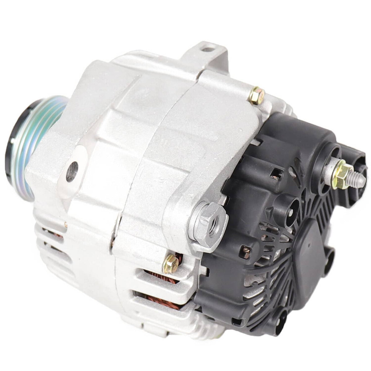 Automotive alternator with pulley, wiring plug, and mounting brackets, side view