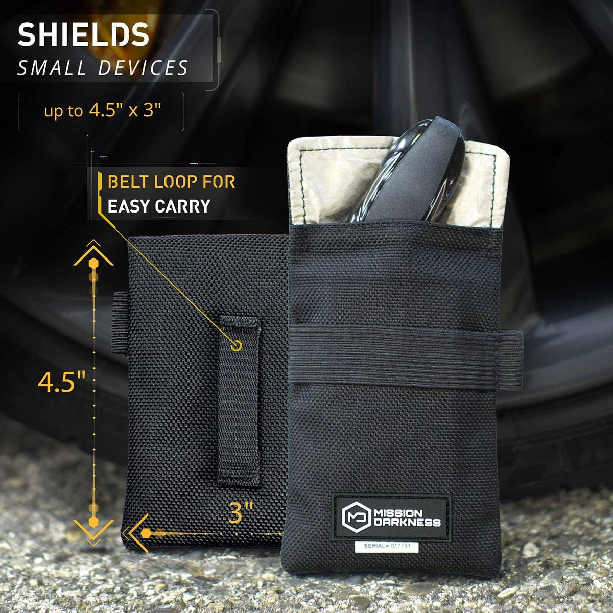 Black Faraday key fob bag with belt loop and Velcro strap, sized for small devices