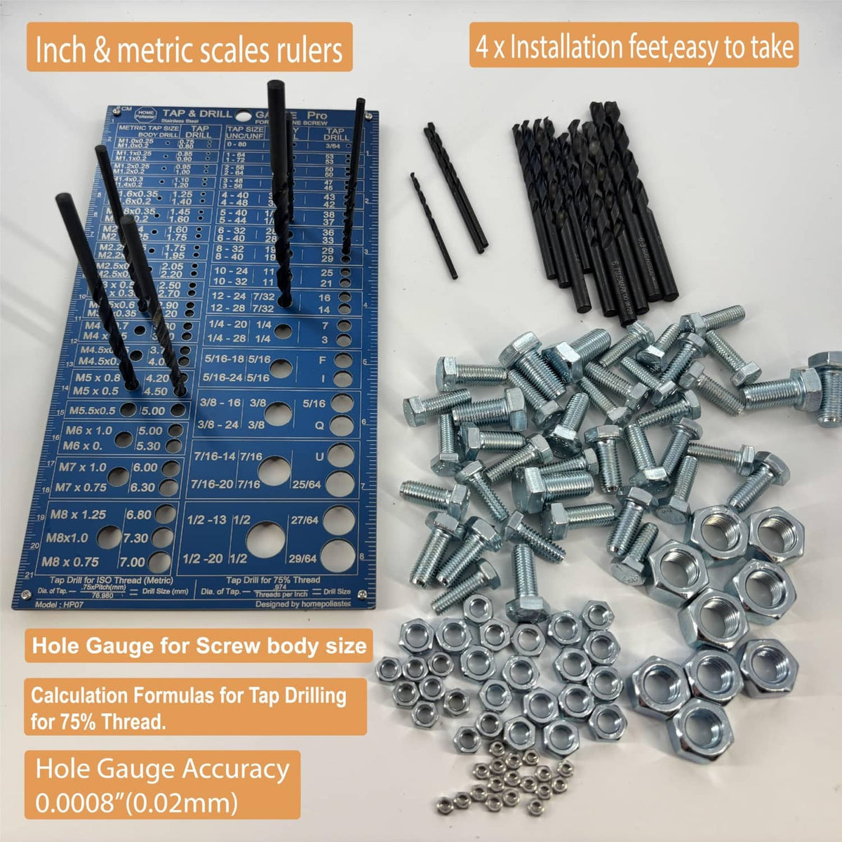 Tap and drill gauge chart with metric scale, drill bits, and screw assortment