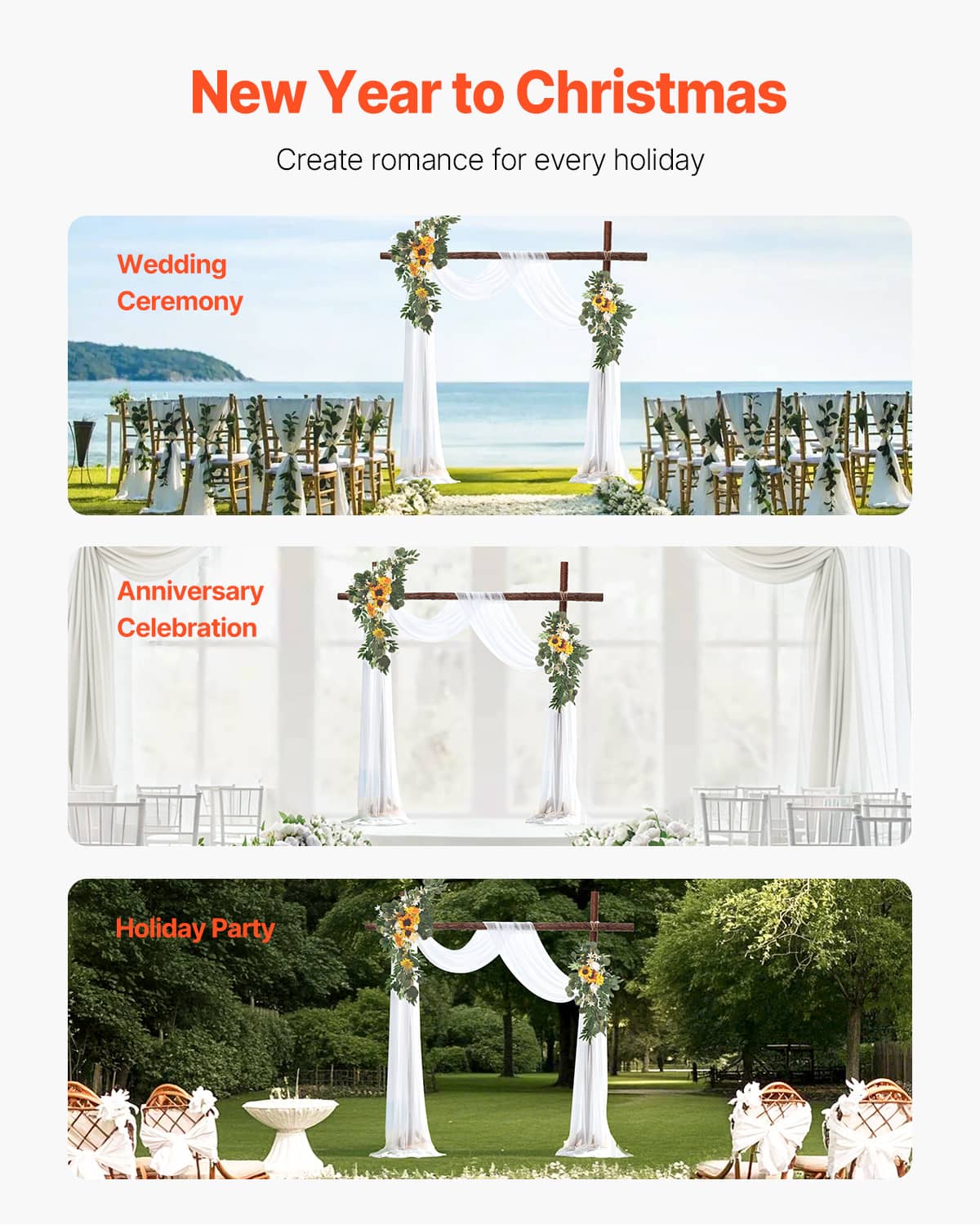 Wedding arch floral kit with white drapes and green leaf garlands on a wooden frame