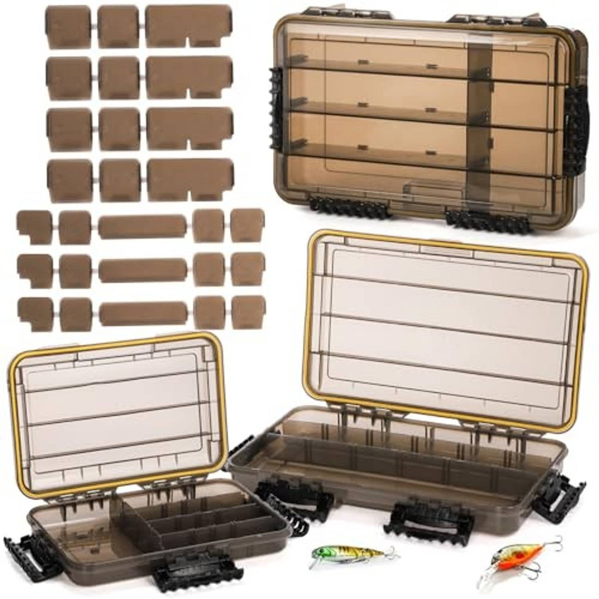 3-pack waterproof fishing tackle boxes with clear lids, open trays and replacement divider pieces