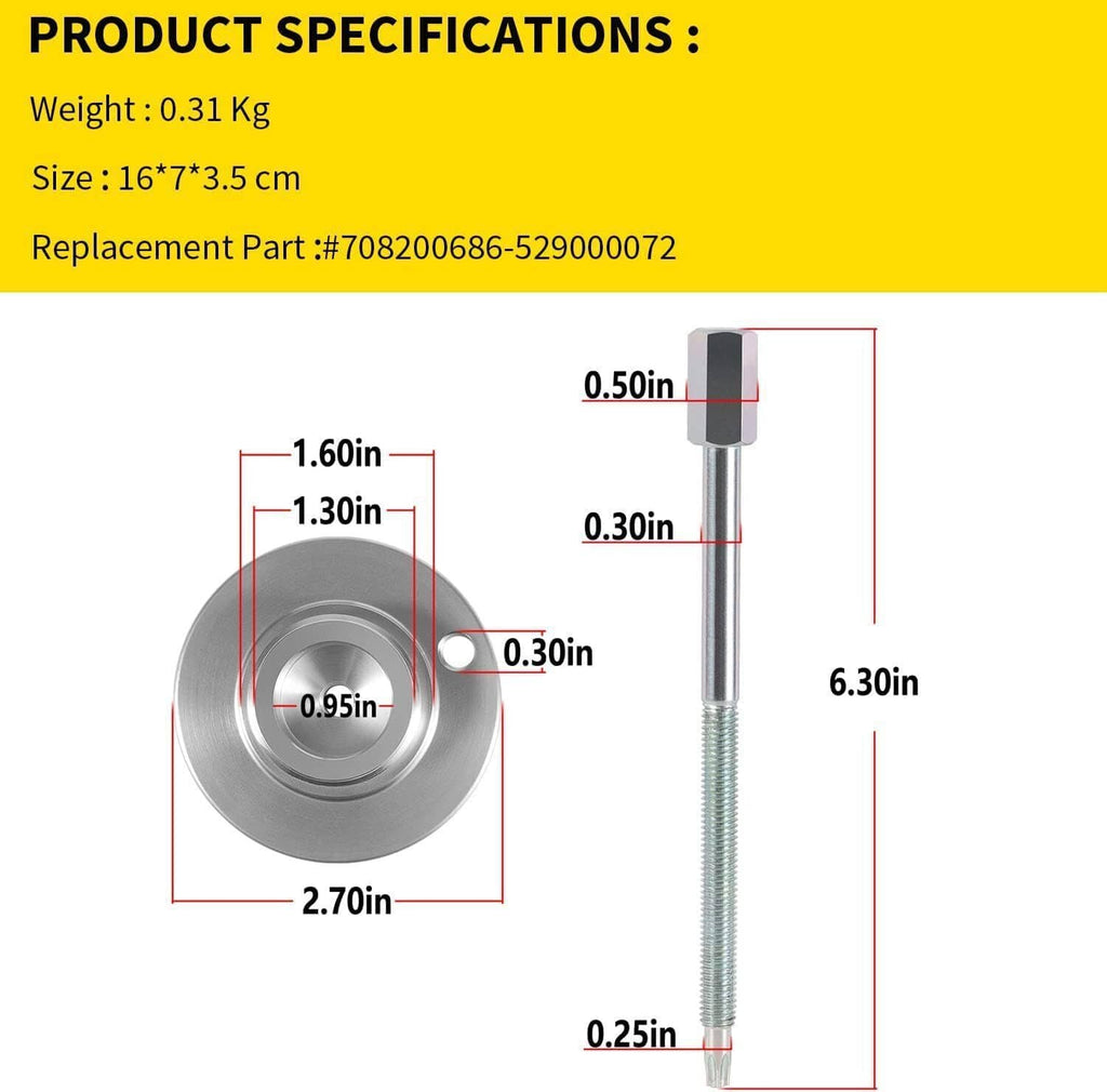 Clutch puller tool dimension diagram with circular plate and threaded rod