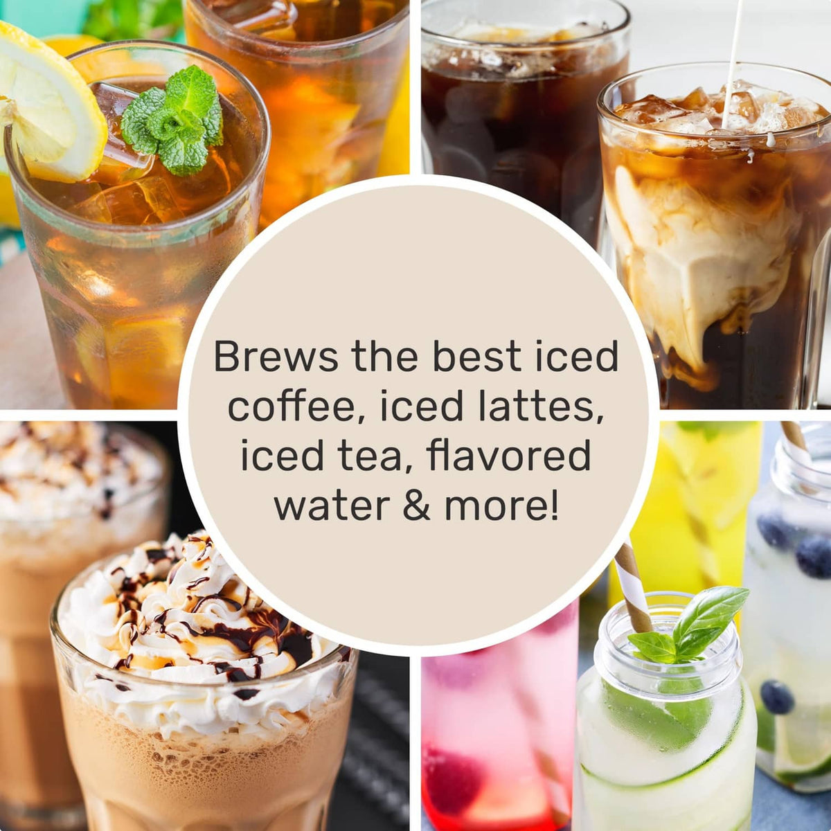 Glasses of iced coffee and iced tea with fruit garnishes next to a black maker