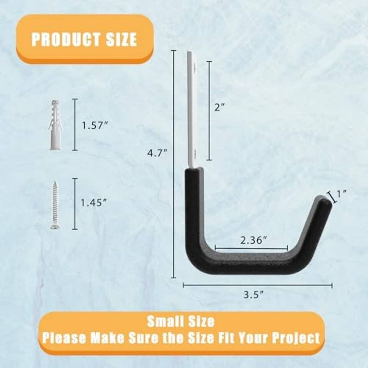 Black U wall hook with white mounting plate, shown with size measurements