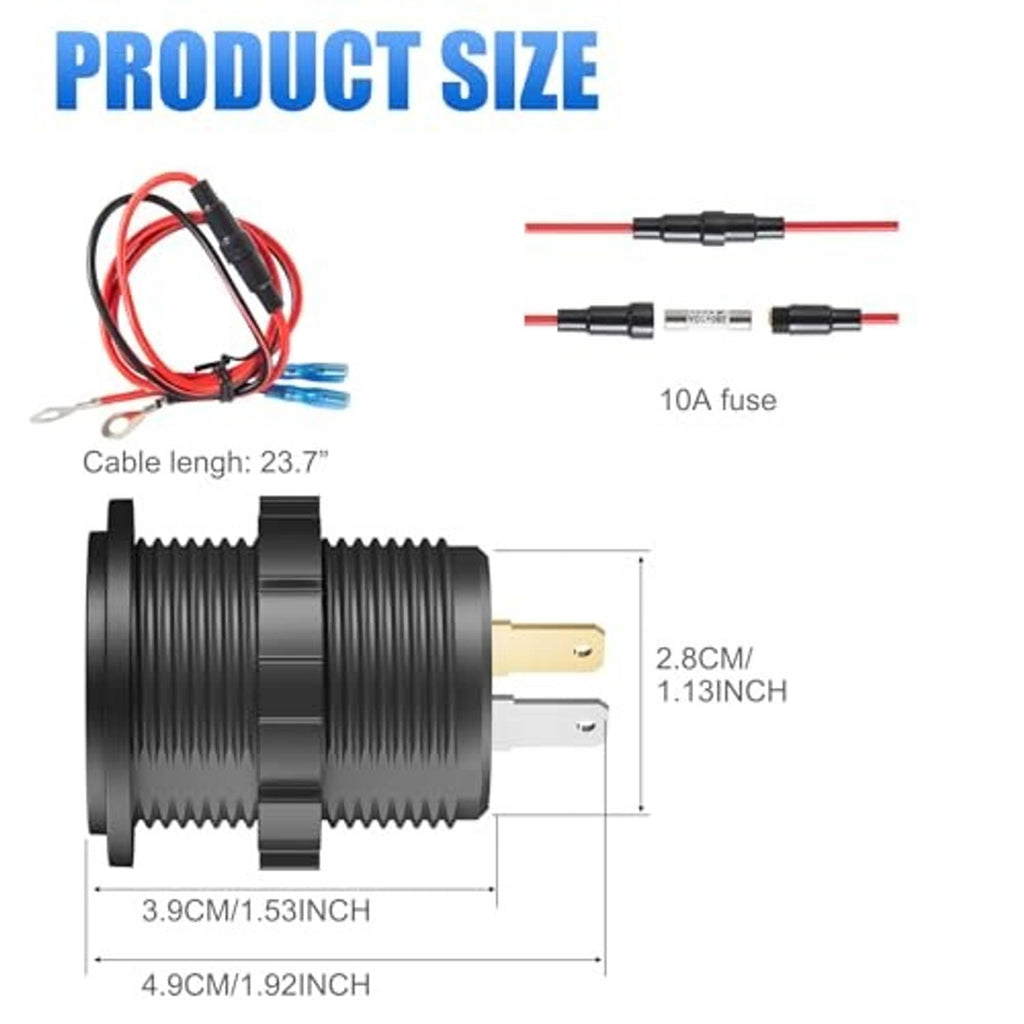 Black car USB outlet with Type-C PD and QC 3.0, plus cable and fuse details