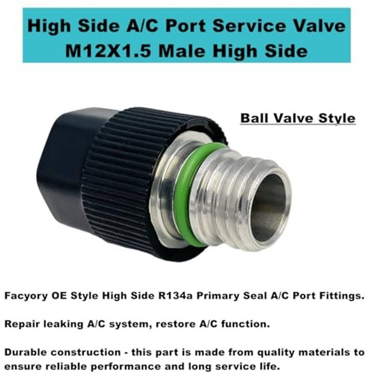 A/C service port valve fitting with black ribbed cap and green O-ring seal