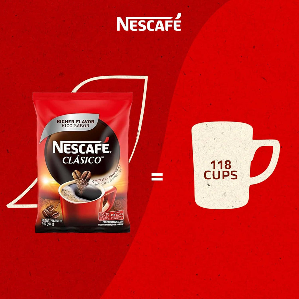 Instant coffee pouch graphic showing “118 cups” with coffee cup icon