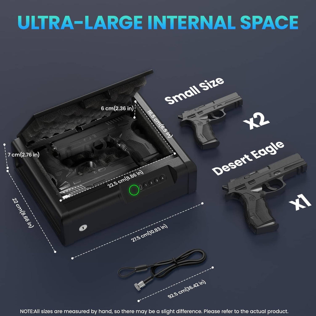 Black small biometric handgun safe with open interior tray and accessories