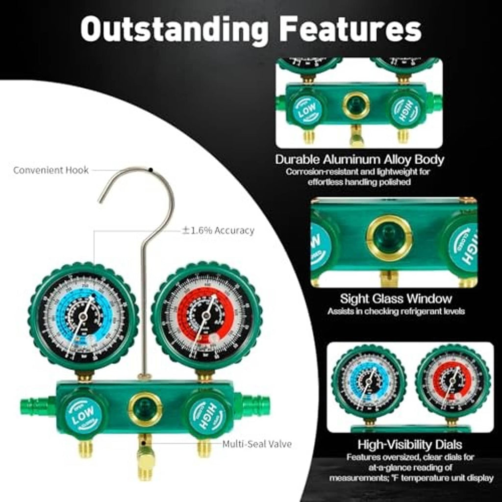 Three-way AC manifold gauge set with green dials, aluminum body, and sight glass window