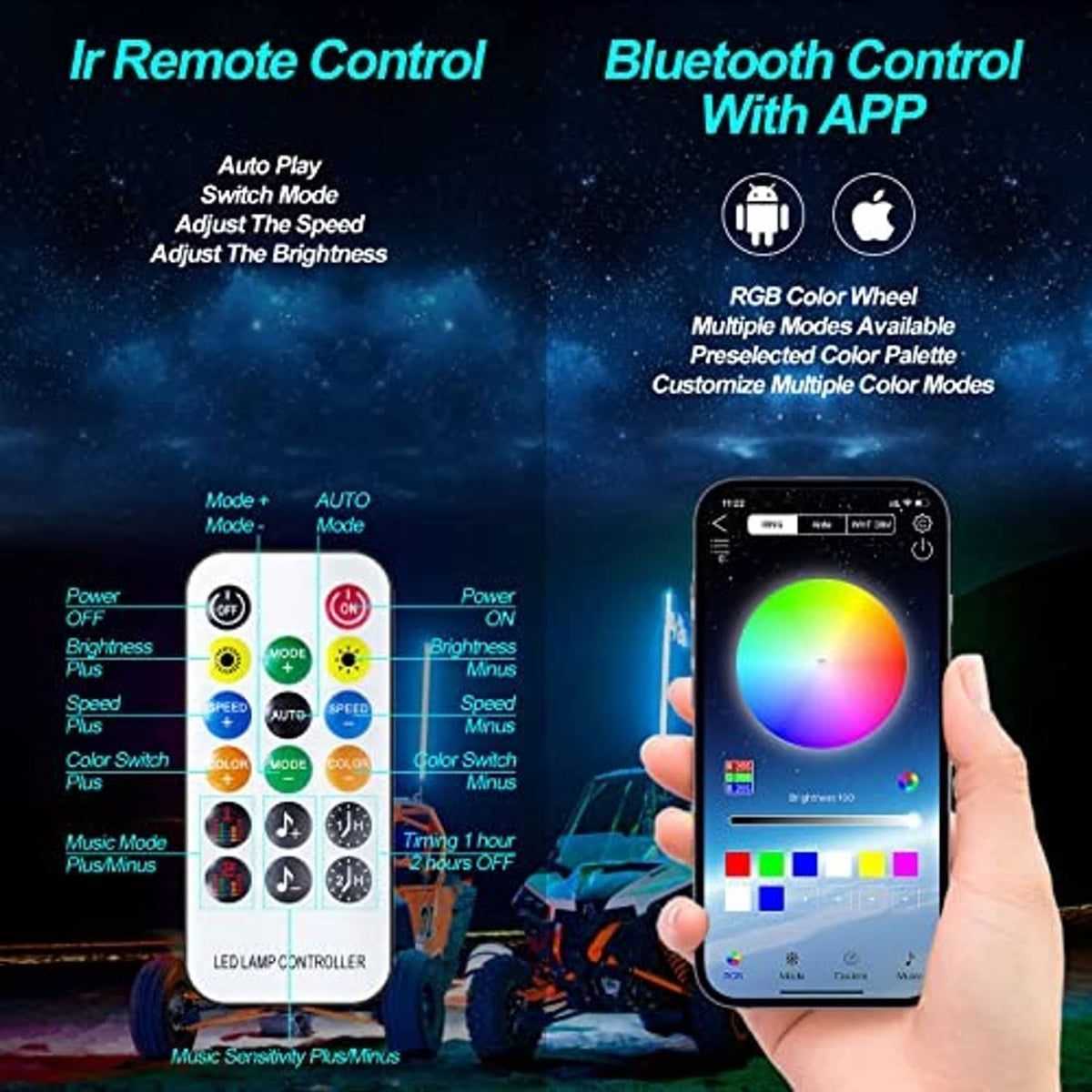 4 ft LED whip light remote and phone app screen for RGB color wheel control