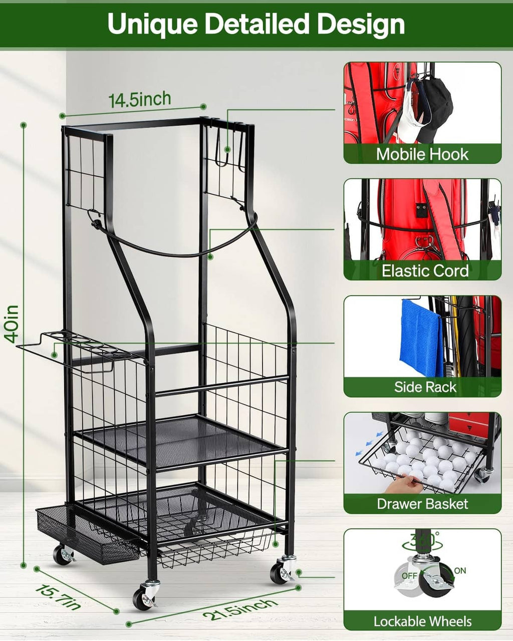 Black golf bag storage rack with drawer basket and side rack, lockable wheels, front view