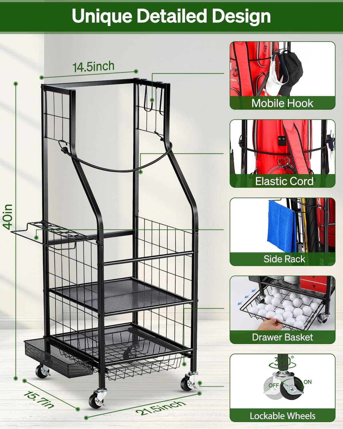 Black golf bag storage rack with drawer basket and side rack, lockable wheels, front view
