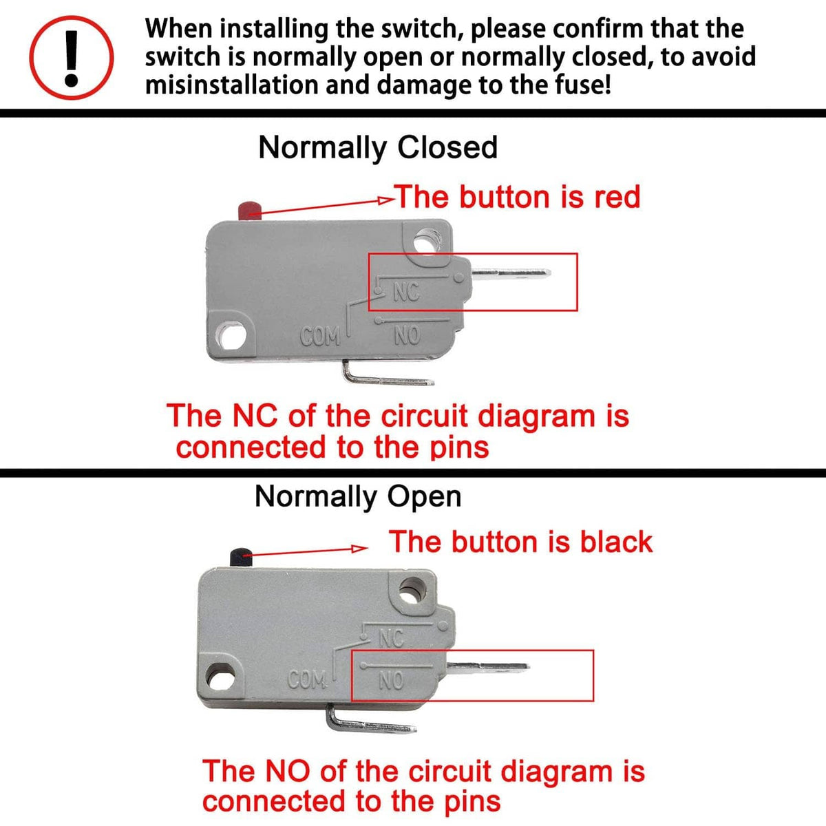Microwave door switch showing normally closed state with red button on gray housing