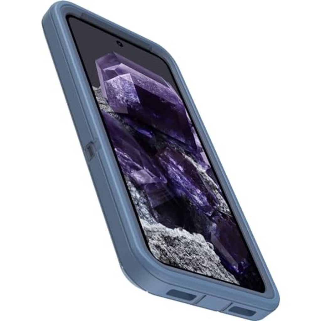 Blue rugged OtterBox case with raised bezel and side buttons for Pixel 8