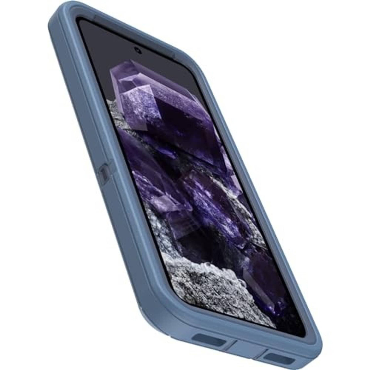 Blue rugged OtterBox case with raised bezel and side buttons for Pixel 8