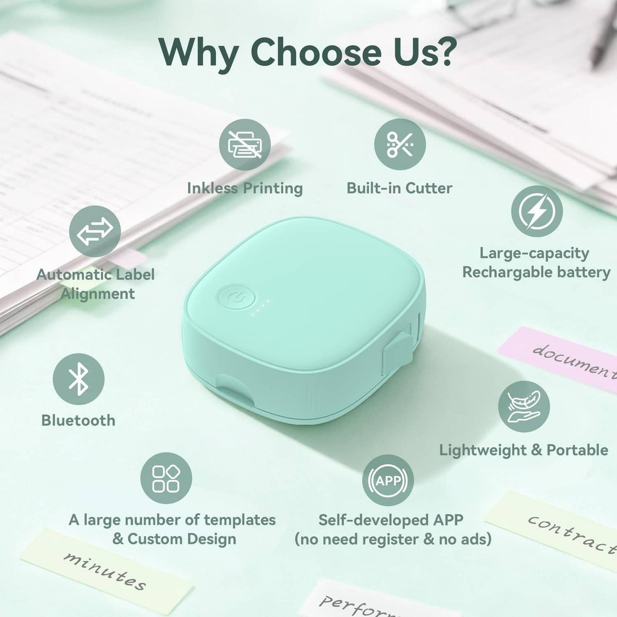Mint green mini label maker with feature icons for printing, cutter, and Bluetooth