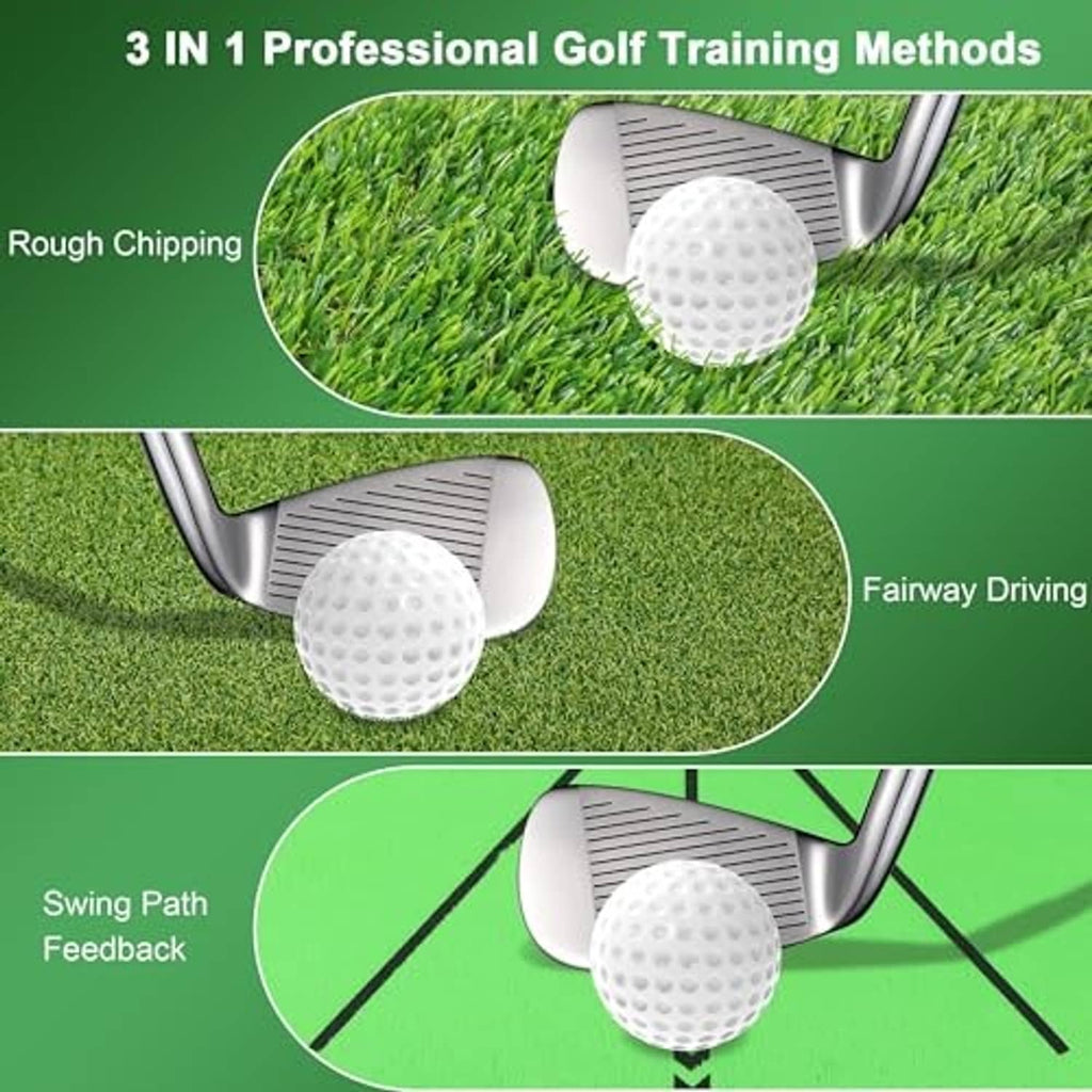 Golf training hitting mat with green turf surface and three practice targets for strikes