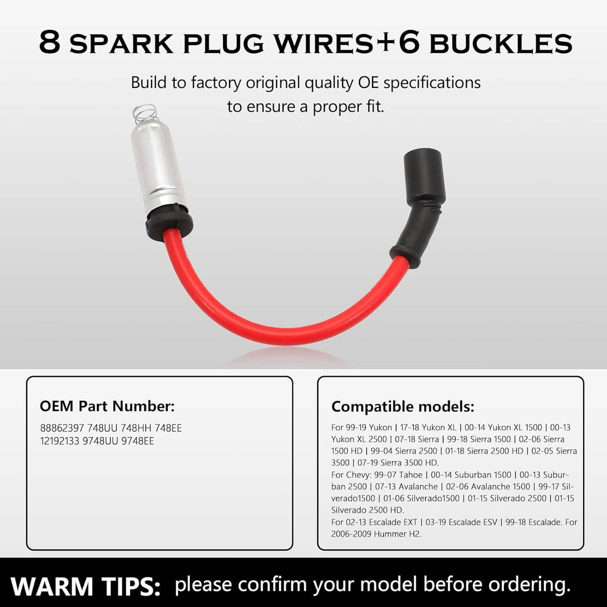 Red spark plug wire with black end boots and silver terminal connector.