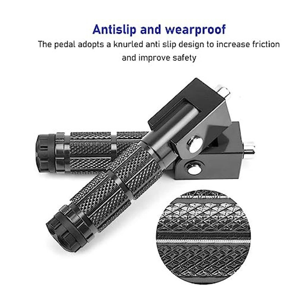 Close-up of foldable foot peg with textured metal grip and black bracket plate