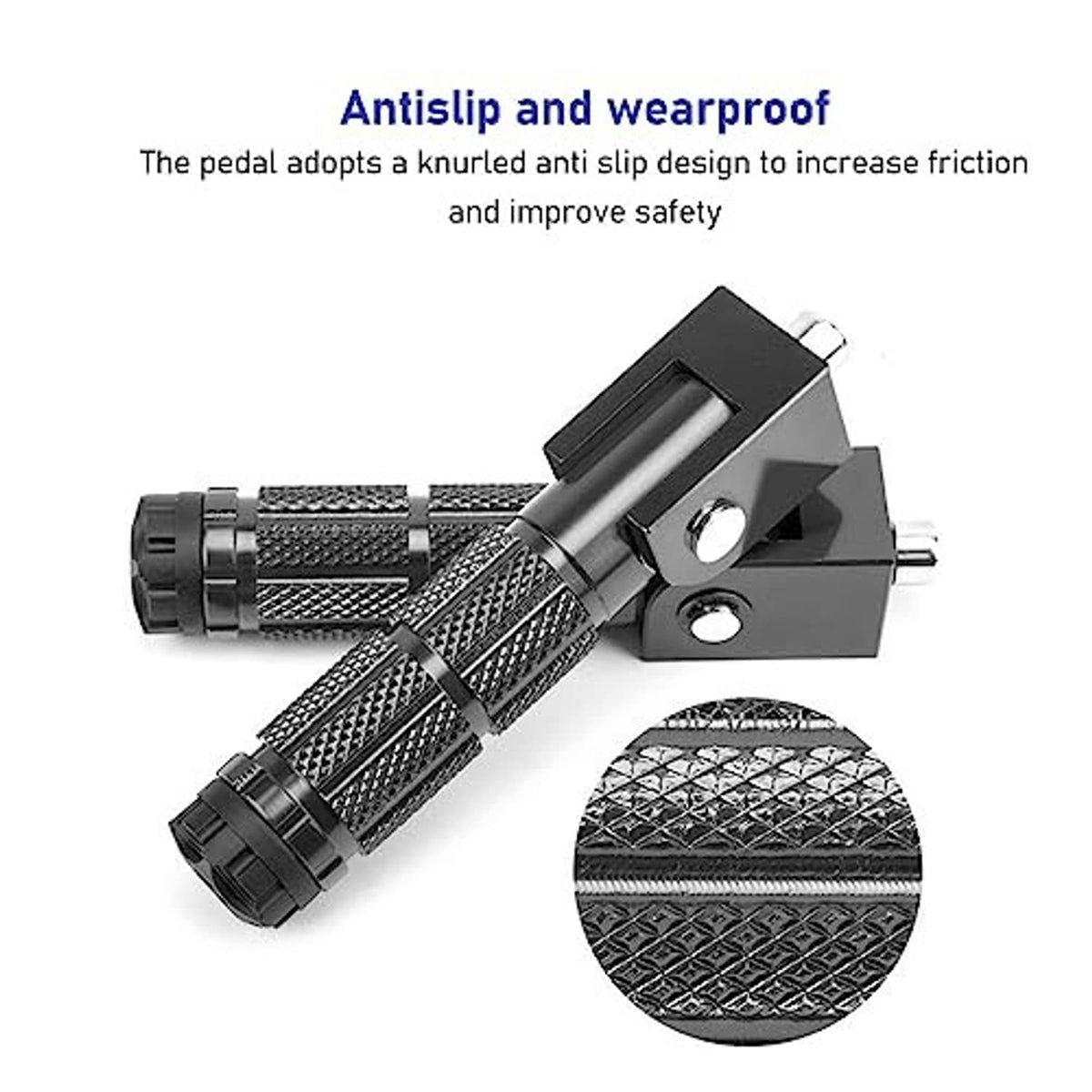 Close-up of foldable foot peg with textured metal grip and black bracket plate