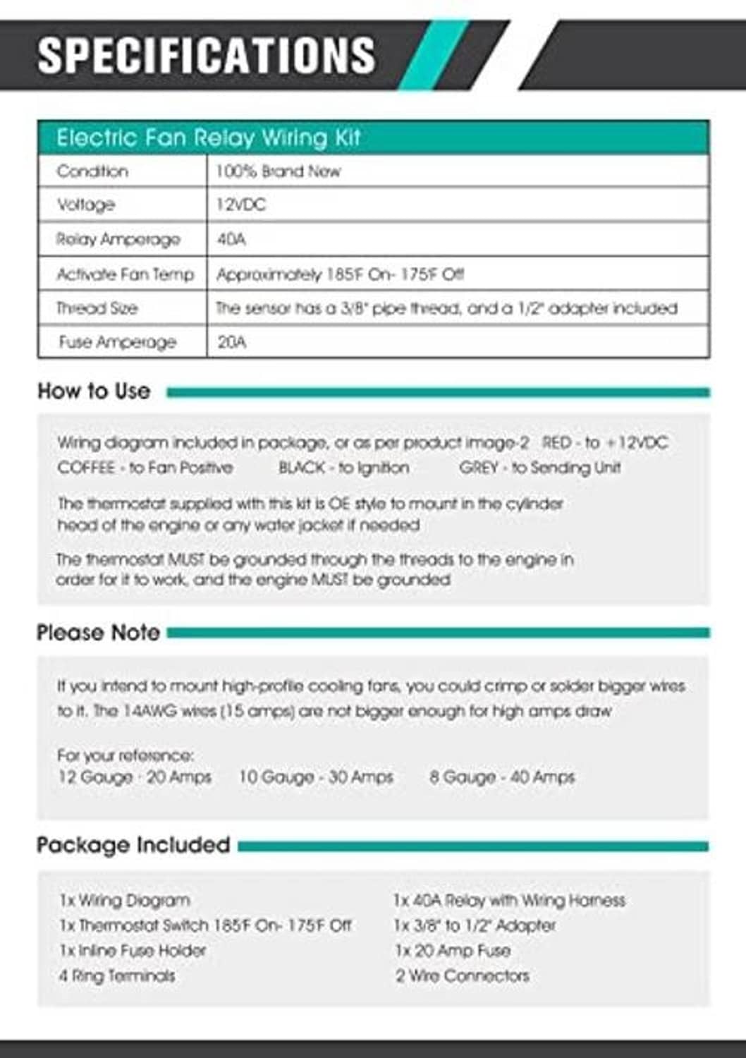 Electric fan relay wiring kit specifications and package contents chart