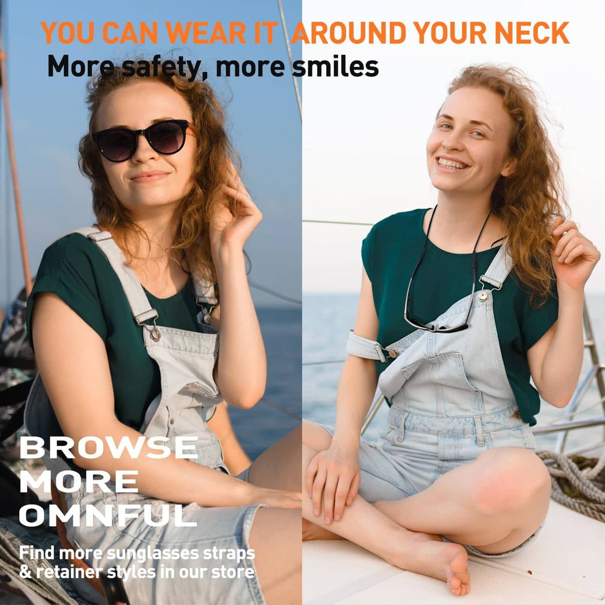 Omnful sunglasses strap worn around the neck on a woman sitting outdoors