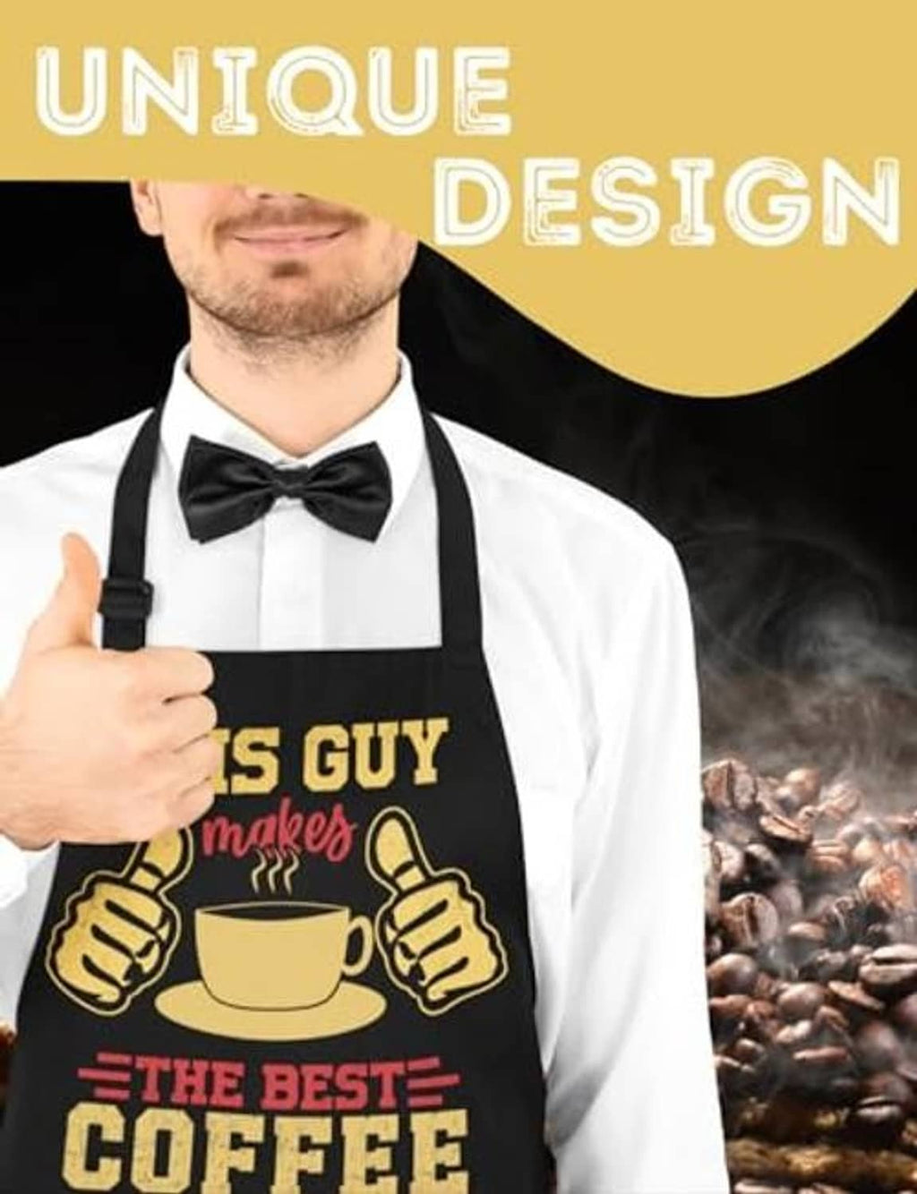 Black apron with bold “THIS GUY makes the best coffee” text and thumb icons