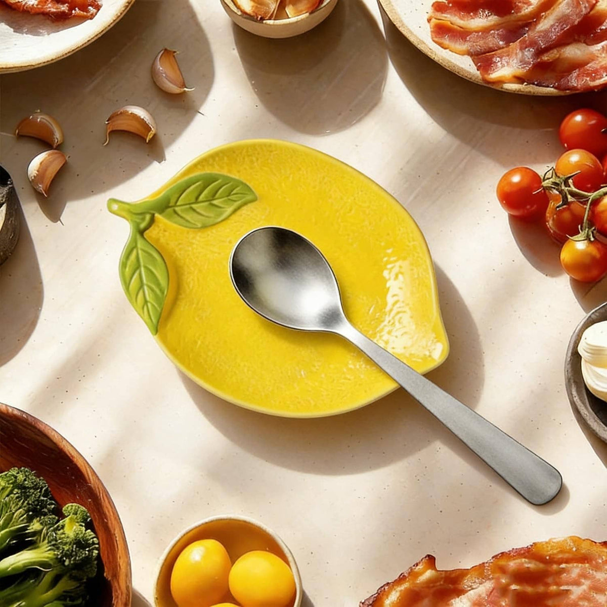 Yellow lemon-shaped ceramic spoon rest with silver spoon and green leaf detail