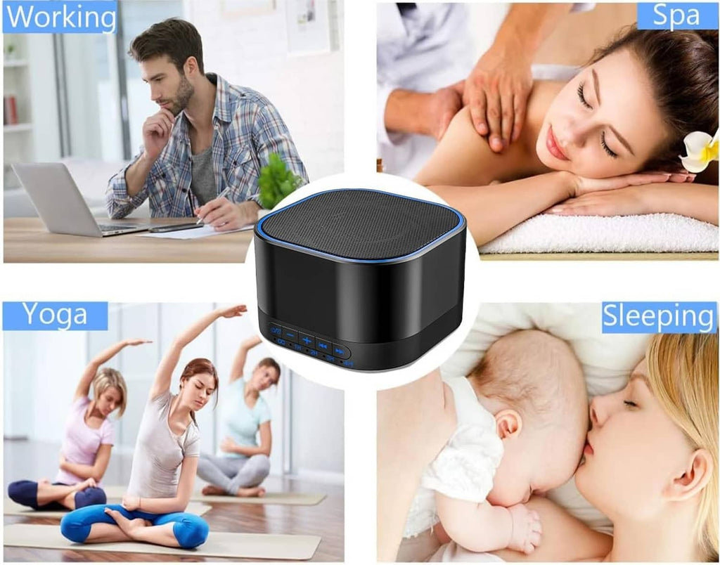 Black sound machine with top speaker grille and blue control lights
