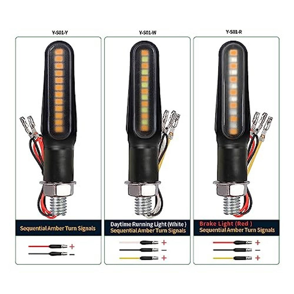 Two black sequential amber motorcycle turn signals with mounted bases and wiring diagrams
