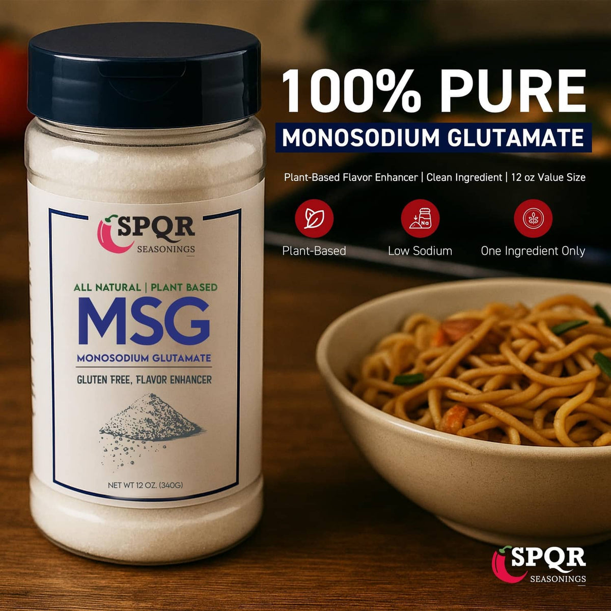 Plant-based MSG seasoning jar next to a bowl of noodles.