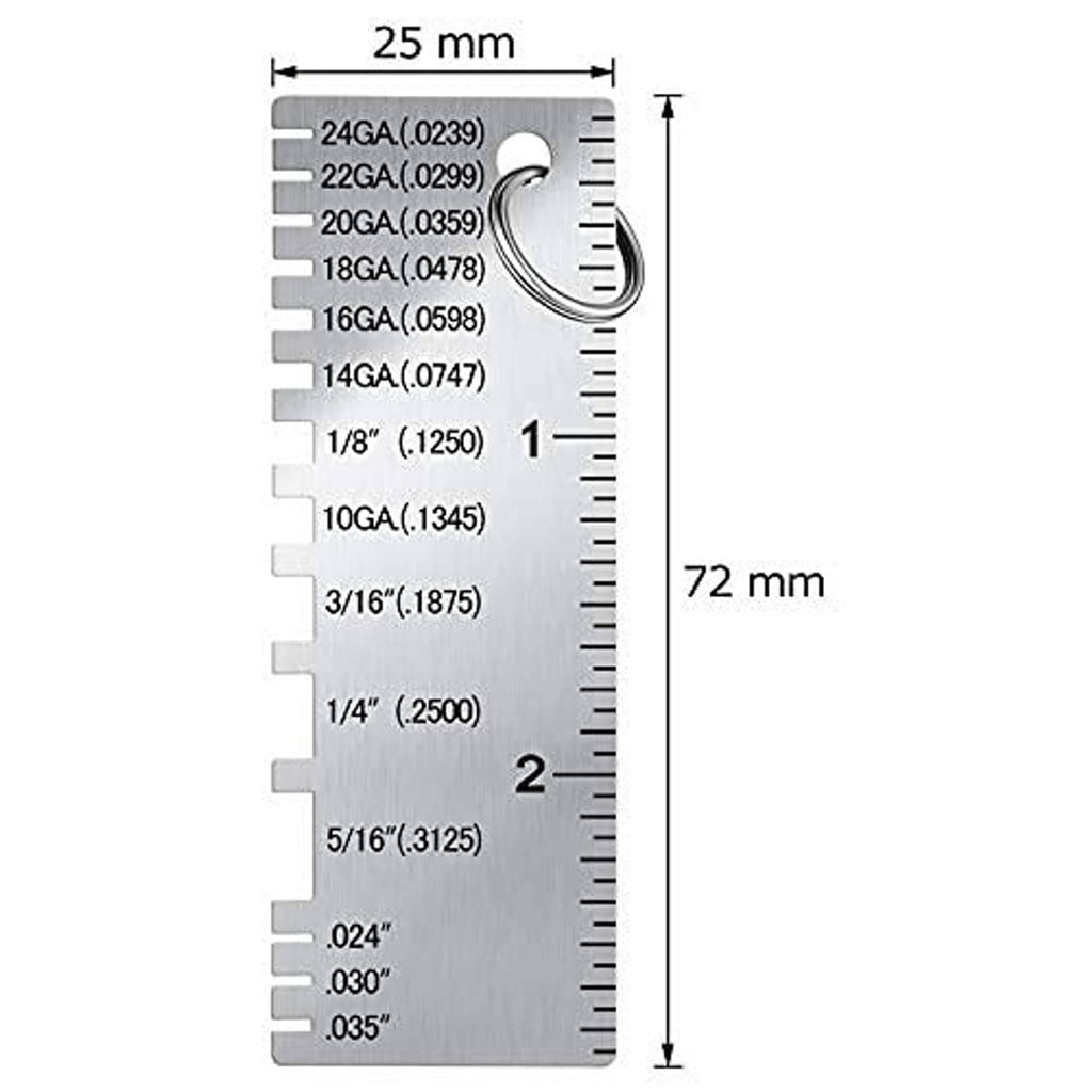 Metal thickness gauge tool with wire gauge labels and 25 mm by 72 mm size indicators