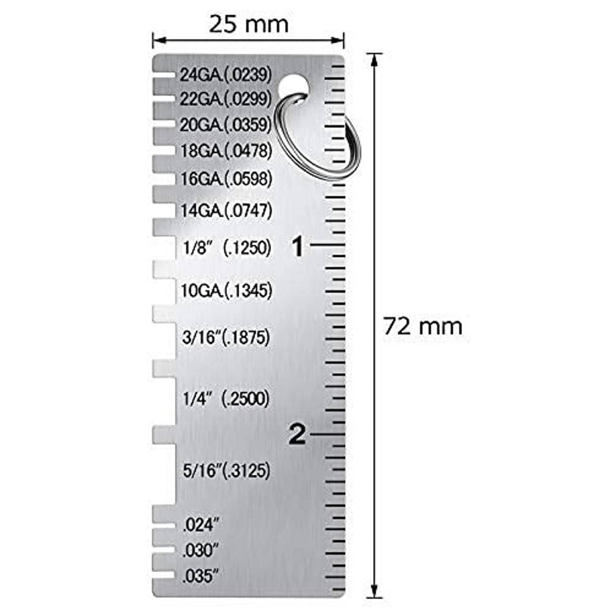 Metal thickness gauge tool with wire gauge labels and 25 mm by 72 mm size indicators