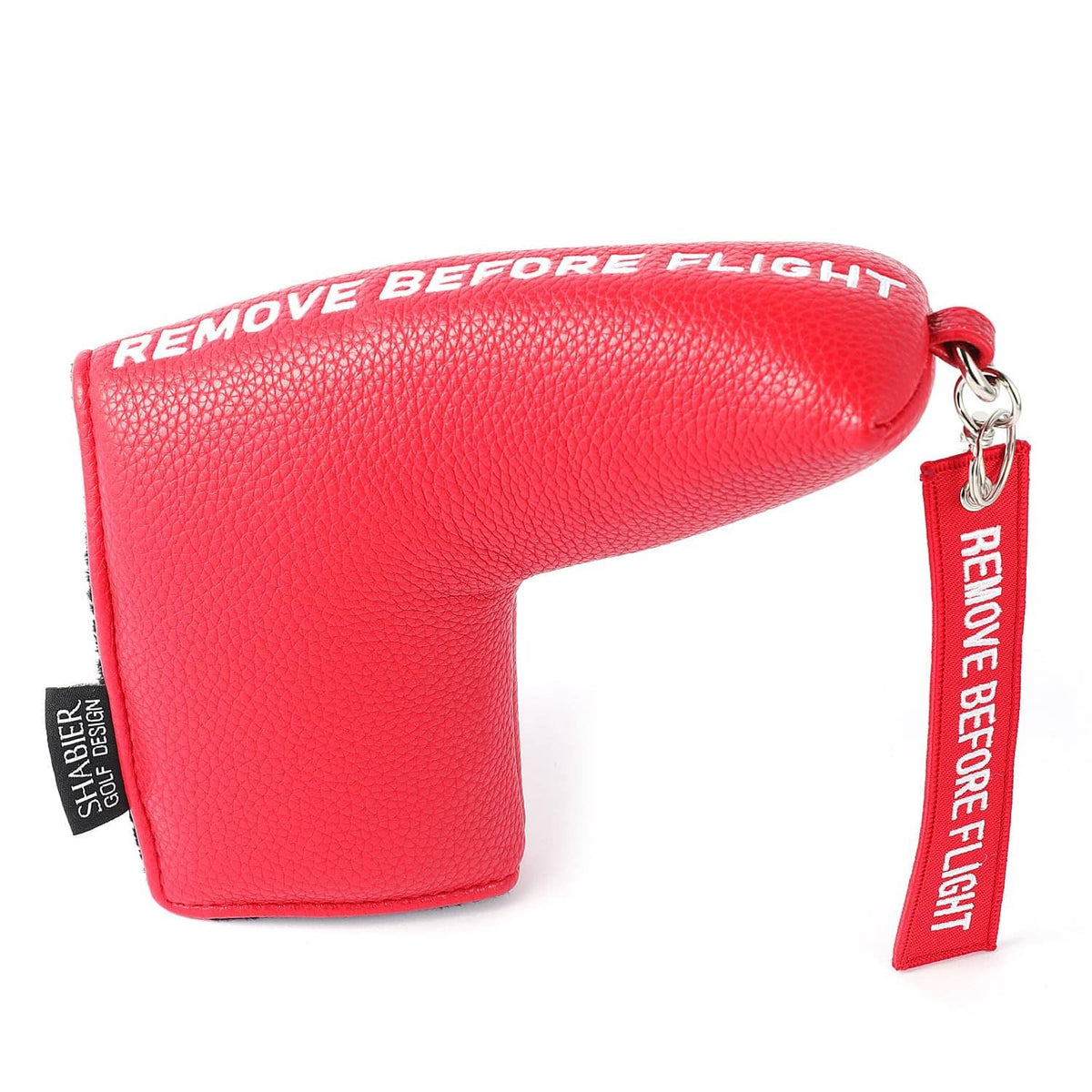 Red blade golf putter cover with black lining, "Remove Before Flight" strap and ring