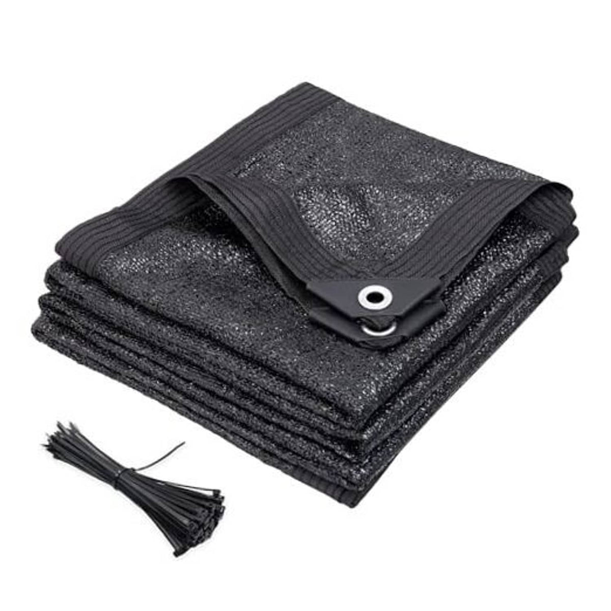 Black shade cloth bundle with metal grommets and reinforced hems