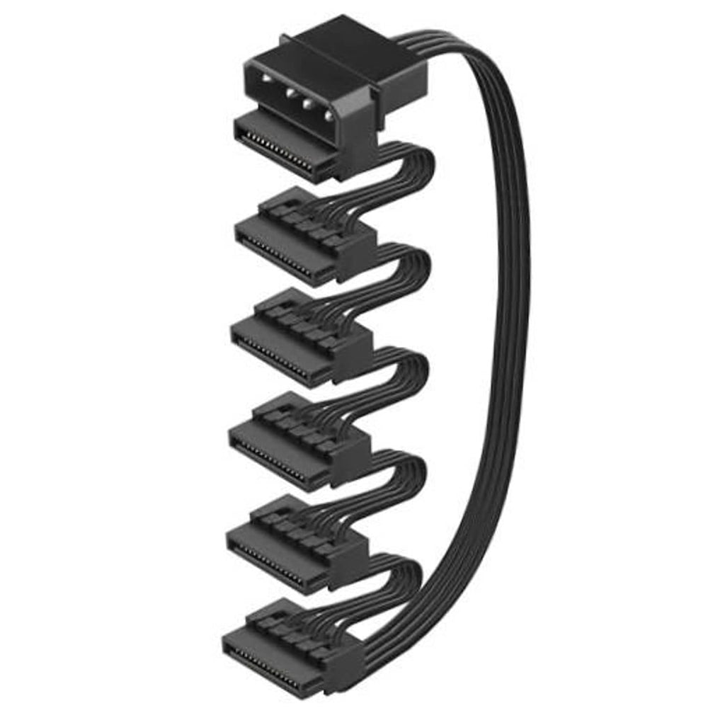 4-pin male to multiple SATA 15-pin female power connectors on black splitter cable