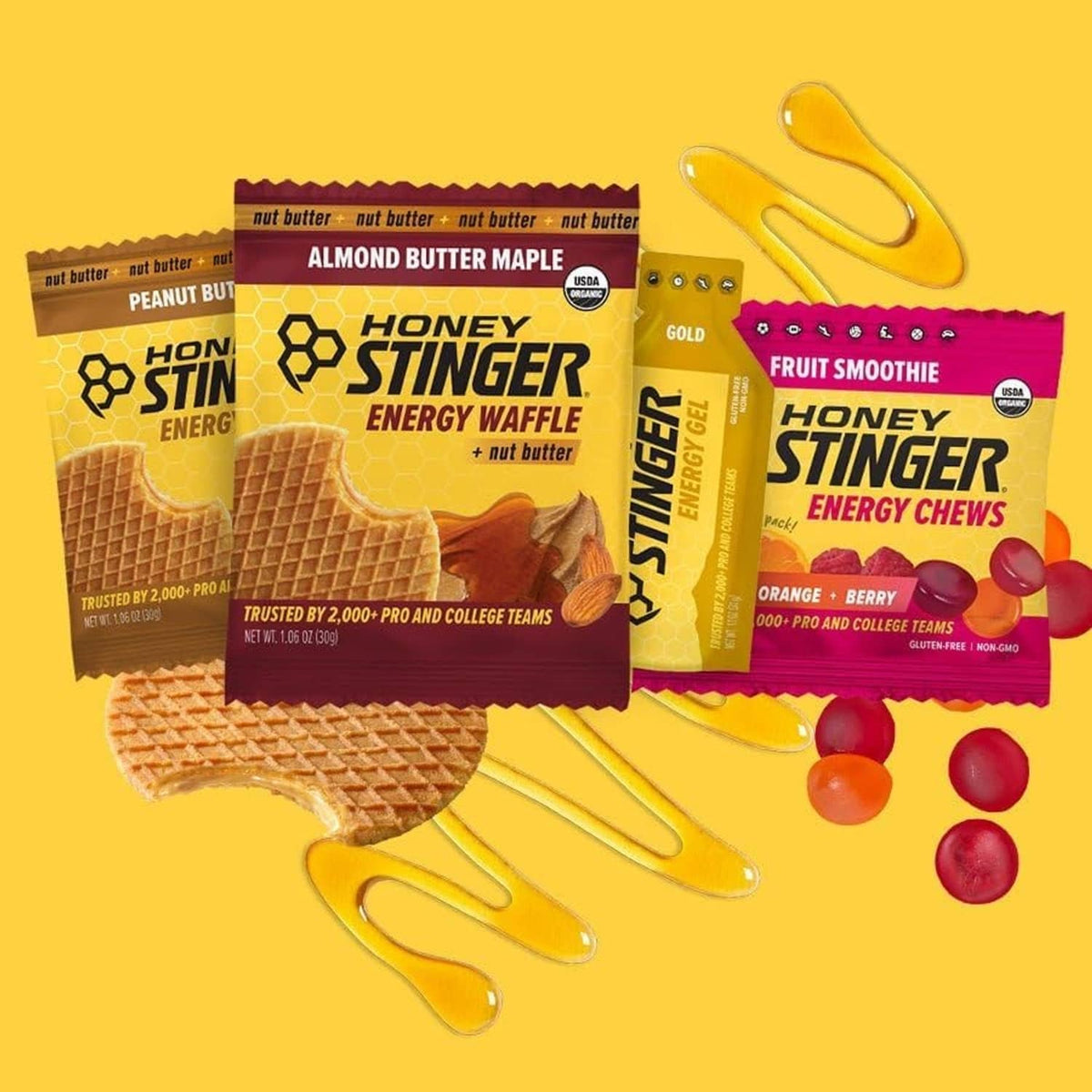 Assorted Honey Stinger energy packets with wafer squares and berry candies