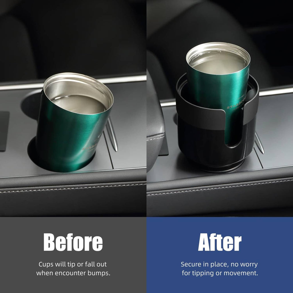 Black cup holder expander securing two insulated cups in car