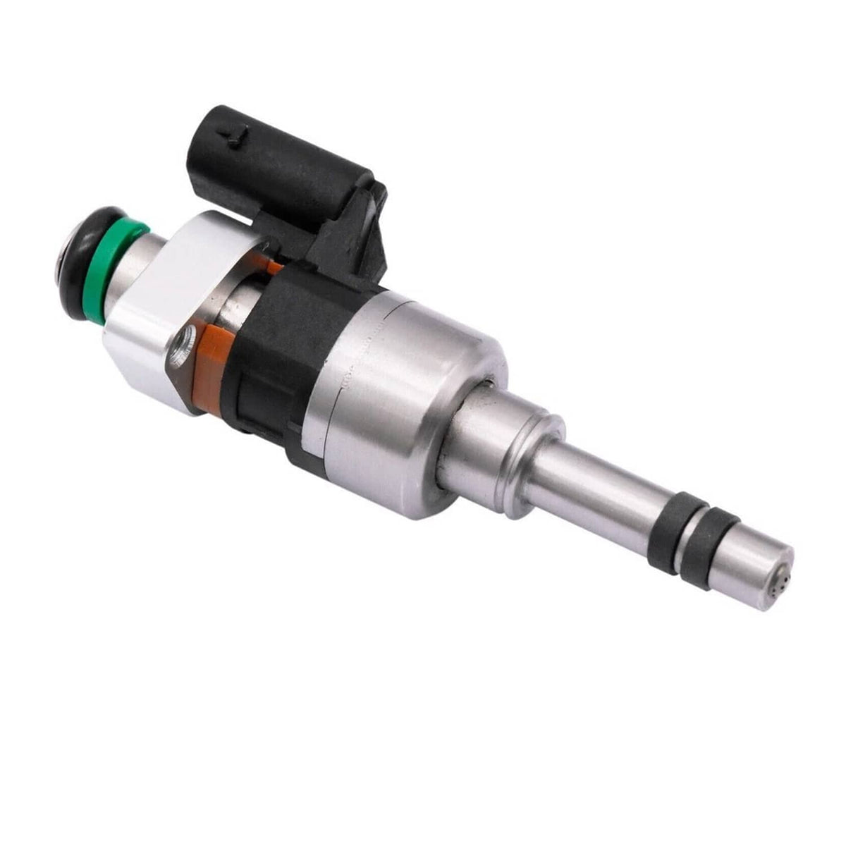 Single fuel injector with silver housing, black connector, and green O-ring, side view