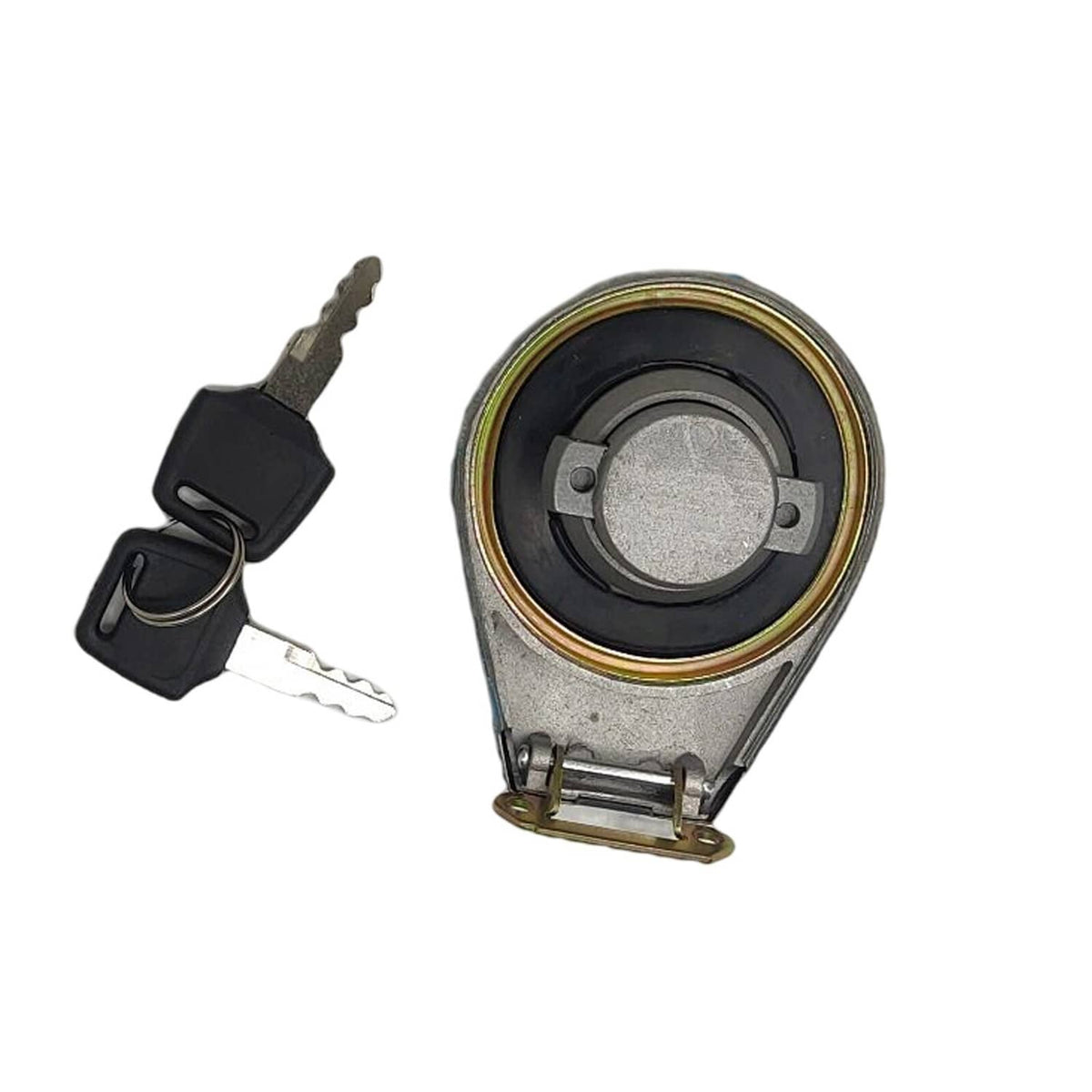 Motorcycle fuel tank cap showing circular lock plate, ring trim, and keys
